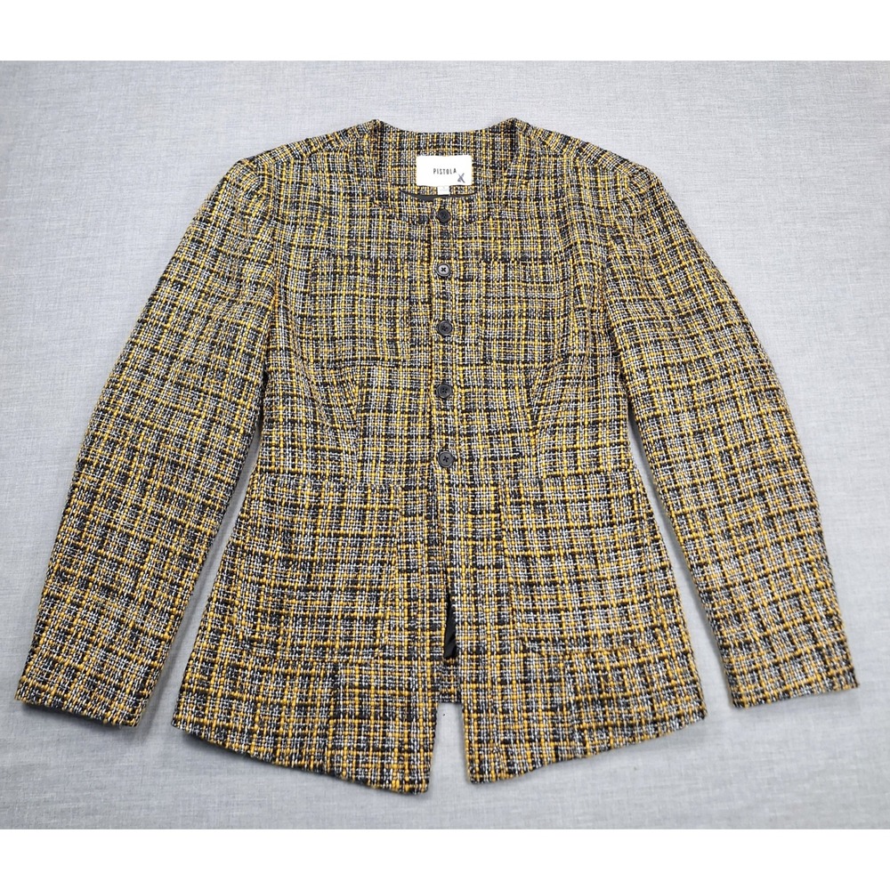 Pistola Yellow Black Tweed Plaid Collarless Button Front Jacket Size S Proto